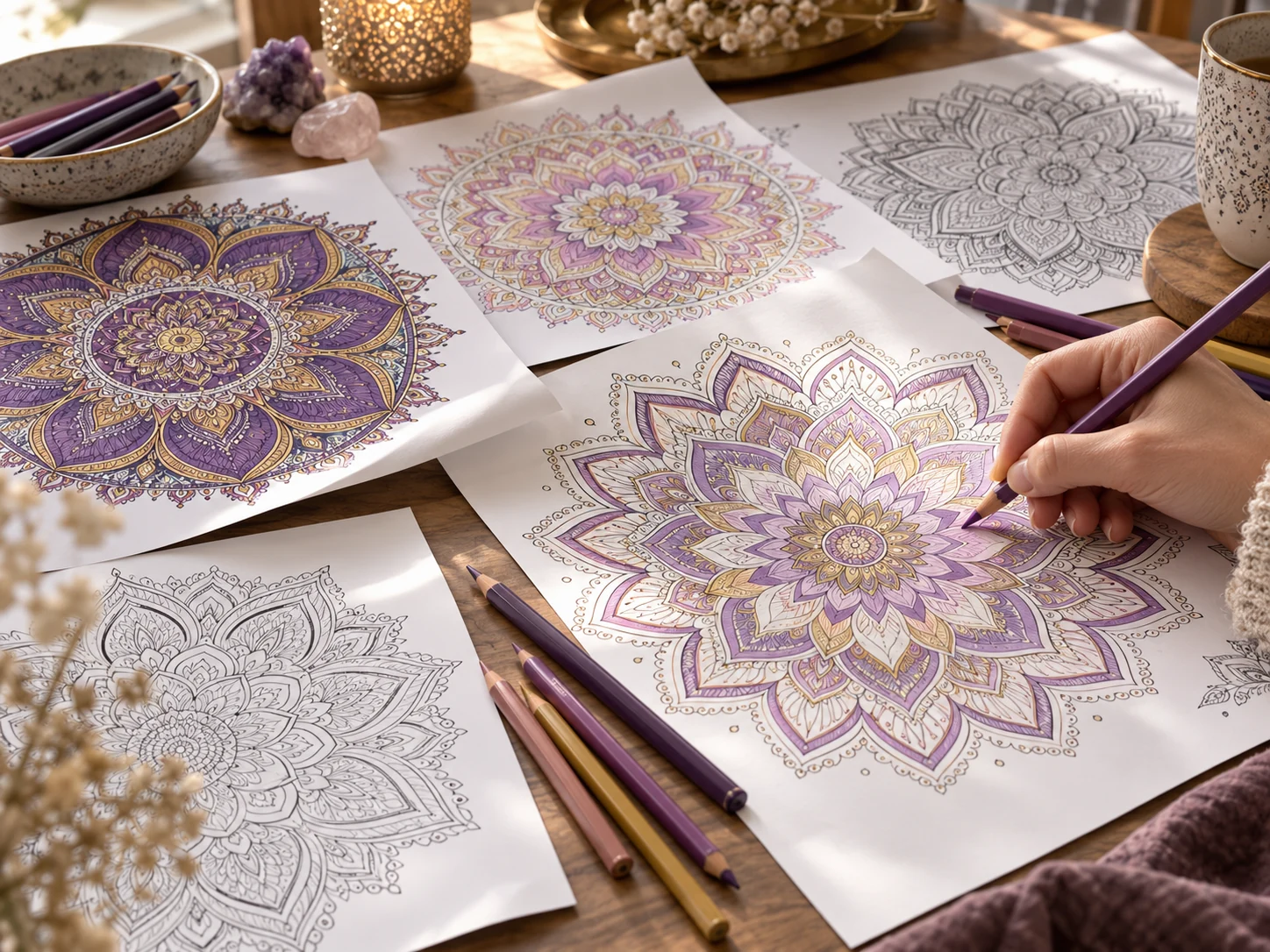 Láminas de mandalas impresos sobre una mesa
