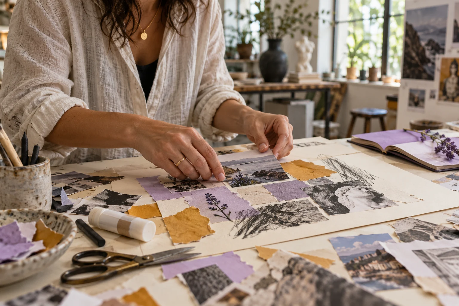 Manos elaborando un collage con papeles y materiales