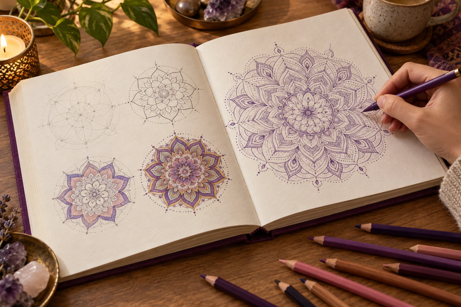 Página abierta de mandala con lápices de colores
