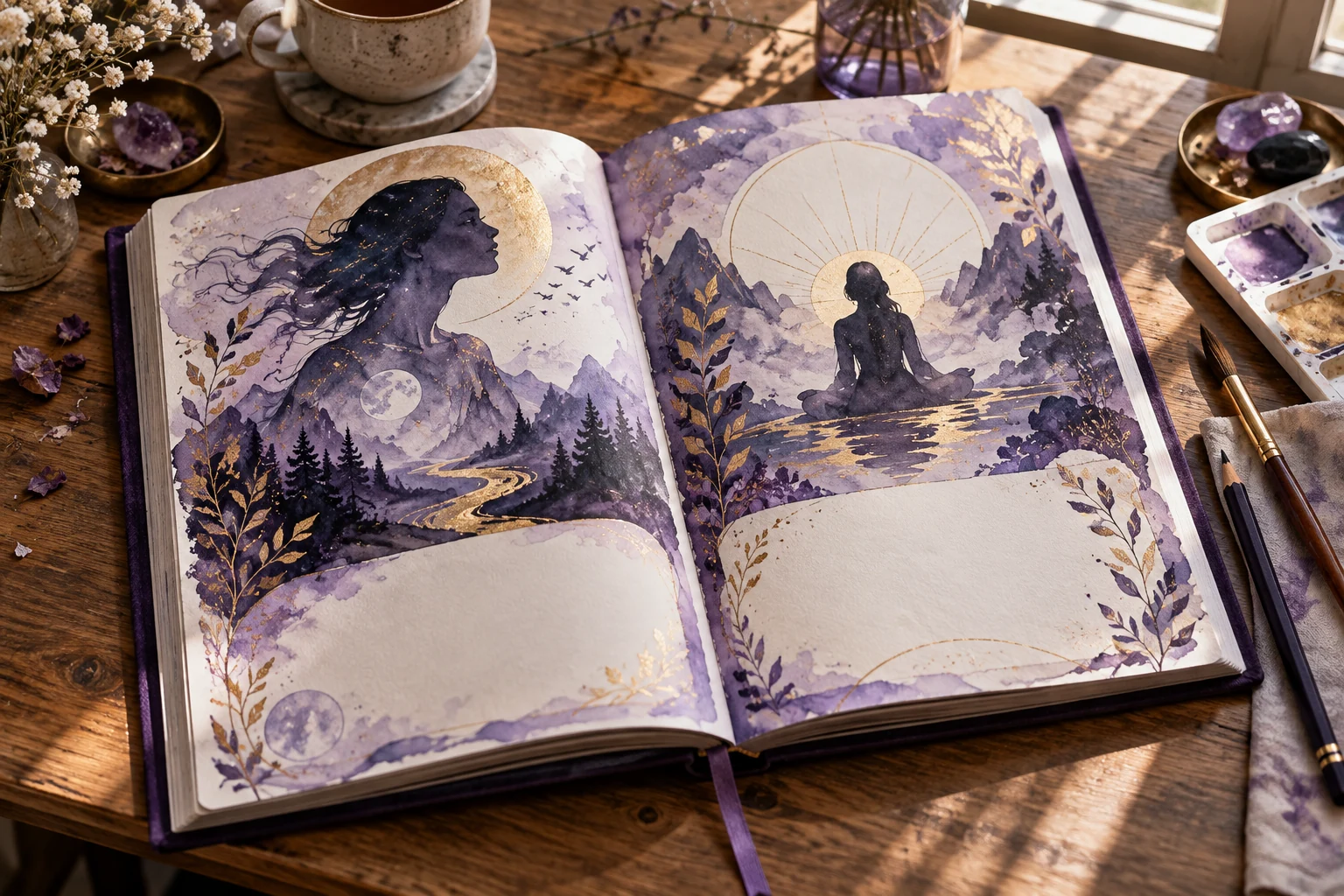 Cuaderno abierto con ilustraciones simbólicas y notas